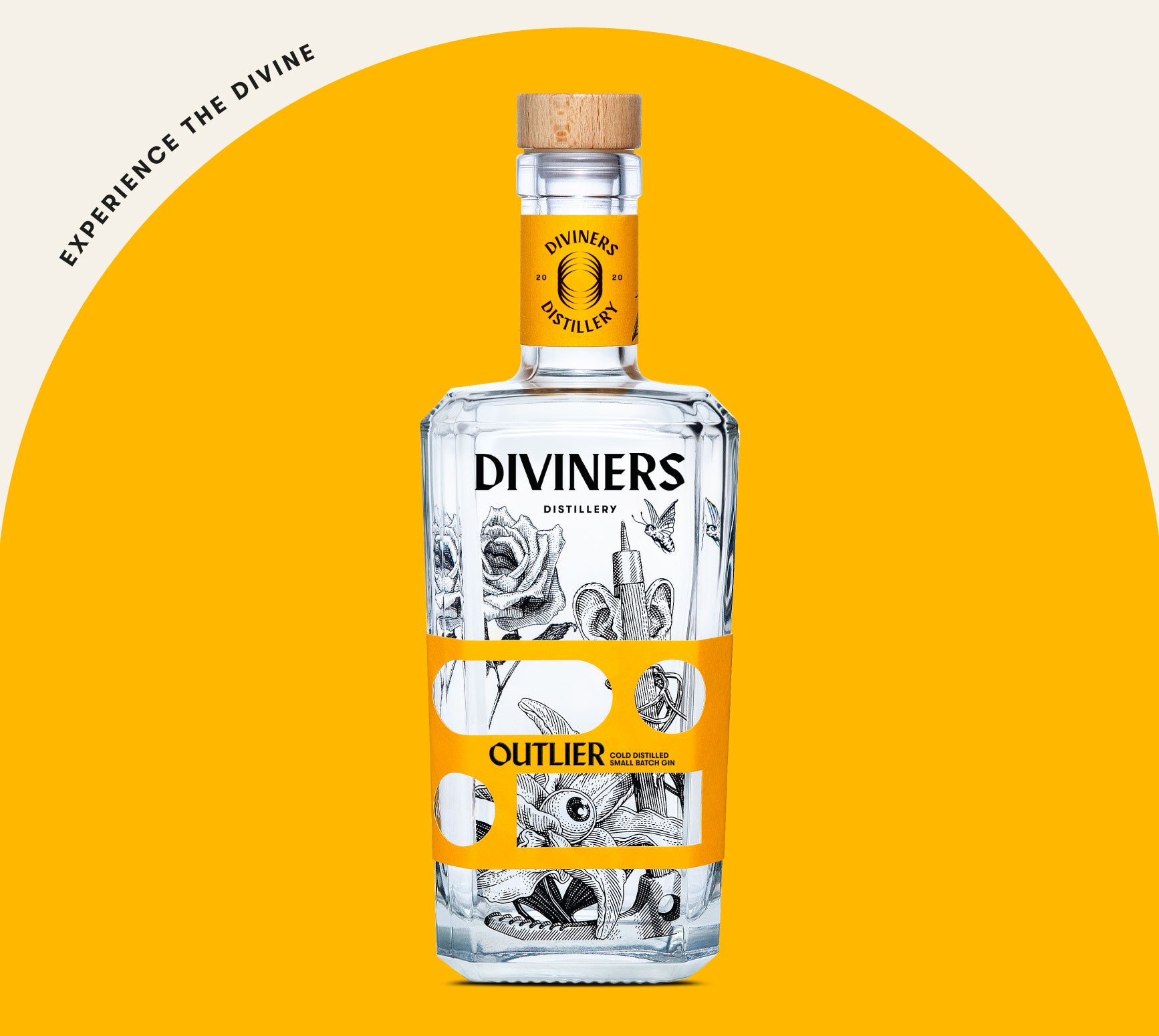 Outlier bottle with yellow label. Top 10 Australian Gins. Experience the divine.